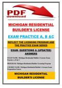 MICHIGAN RESIDENTIAL&NewLine;BUILDER'S LICENSE&NewLine;EXAM PRACTICE A&comma; B & C LATEST UPDATE &lpar;2026&sol;2027&rpar; QUESTIONS AND VERIFIED ANSWERS &vert; 100&percnt; CORRECT &vert; GRADED A&plus;