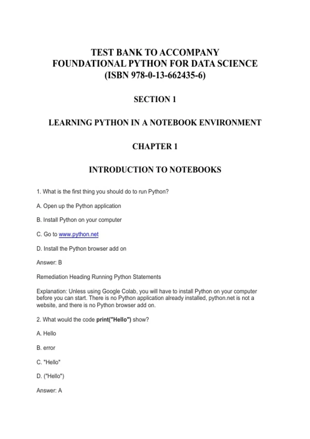 Complete test bank, mock questions : Foundational Python for Data ...