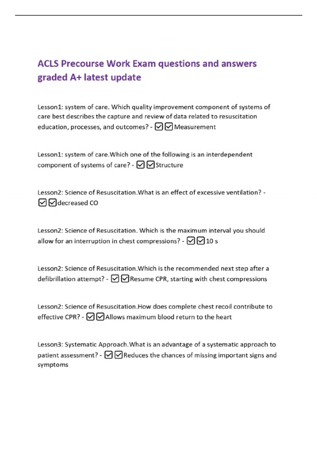 ACLS Precourse Work Exam questions and answers graded A+ latest update ...