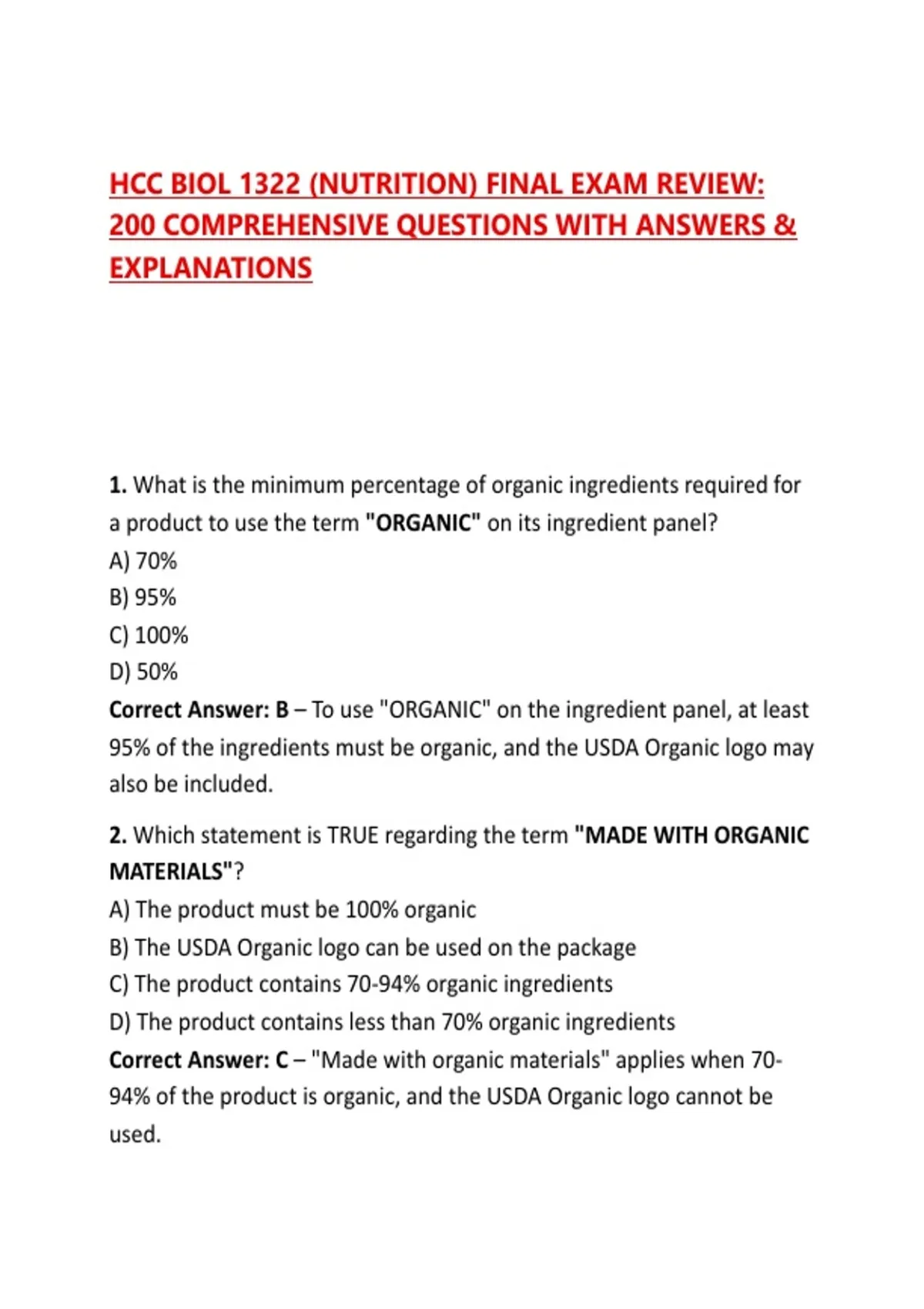 Hcc Biol 1322 (Nutrition) Final Exam Review: 200 Comprehensive ...