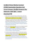 Certified Clinical Medical Assistant &NewLine;&lpar;CCMA&rpar; Examination Questions And &NewLine;Correct Answers &lpar;Verified Answers&rpar; Plus &NewLine;Rationales 2026 Q&A &vert; Instant &NewLine;Download Pdf 
