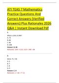 ATI TEAS 7 Mathematics &NewLine;Practice Questions And &NewLine;Correct Answers &lpar;Verified &NewLine;Answers&rpar; Plus Rationales 2026 &NewLine;Q&A &vert; Instant Download Pdf 