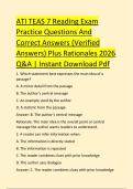 ATI TEAS 7 Reading Exam &NewLine;Practice Questions And &NewLine;Correct Answers &lpar;Verified &NewLine;Answers&rpar; Plus Rationales 2026 &NewLine;Q&A &vert; Instant Download Pdf 