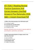ATI TEAS 7 Reading Review &NewLine;Practice Questions And &NewLine;Correct Answers &lpar;Verified &NewLine;Answers&rpar; Plus Rationales 2026 &NewLine;Q&A &vert; Instant Download Pdf