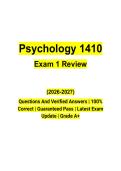 Psychology 1410 Exam 1 Review &lpar;2026&ndash;2027&rpar; Questions and Verified Answers &vert; Introduction to Psychology Study Guide &vert; Grade A&plus;