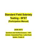 Standard Field Sobriety Testing &lpar;SFST&rpar; Participation Manual &lpar;2026&ndash;2027&rpar; Questions and Verified Answers &vert; Latest Law Enforcement Study Guide &vert; Grade A&plus;