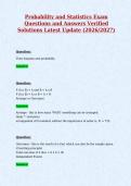 Probability and Statistics Exam&NewLine;Questions and Answers Verified&NewLine;Solutions Latest Update &lpar;2026&sol;2027&rpar;