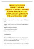 ALBERTA PLUMBER &NewLine;APPRENTICESHIP &NewLine;CERTIFICATION EXAM &lpar;THIRD &NewLine;PERIOD&rpar; PRACTICE EXAM &NewLine;COMPLETE &lpar;100 QUESTIONS &NewLine;AND ANSWERS 2026 - 2027&rpar;
