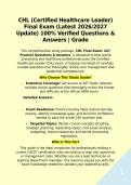 CHL &lpar;Certified Healthcare Leader&rpar; Final Exam &lpar;Latest 2026&sol;2027 Update&rpar; 100&percnt; Verified Questions & Answers &vert; Grade&NewLine;&NewLine;