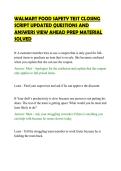 WALMART FOOD SAFETY TEST CLOSING&NewLine;SCRIPT UPDATED QUESTIONS AND&NewLine;ANSWERS VIEW AHEAD PREP MATERIAL&NewLine;SOLVED