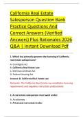 California Real Estate &NewLine;Salesperson Question Bank &NewLine;Practice Questions And &NewLine;Correct Answers &lpar;Verified &NewLine;Answers&rpar; Plus Rationales 2026 &NewLine;Q&A &vert; Instant Download Pdf 