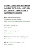 AUDITING & ASSURANCE SERVICES 4TH &NewLine;CANADIAN EDITION EXAM SCRIPT 2026 &NewLine;FULL SOLUTIONS VERIFIED CORRECT &NewLine;RESPONSES HIGH SCORING