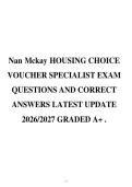 Nan Mckay HOUSING CHOICE&NewLine;VOUCHER SPECIALIST EXAM&NewLine;QUESTIONS AND CORRECT&NewLine;ANSWERS LATEST UPDATE&NewLine;2026&sol;2027 GRADED A&plus; &period;