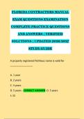 FLORIDA CONTRACTORS MANUAL &NewLine;EXAM QUESTIONS EXAMINATION &NewLine;COMPLETE PRACTICE QUESTIONS &NewLine;AND ANSWERS &vert; VERIFIED &NewLine;SOLUTIONS &vert; UPDATED 2026&sol;2027 &NewLine;STUDY GUIDE &NewLine;