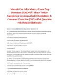 Colorado Car Sales Mastery Exam Prep Document 2026&sol;2027 &vert; Motor Vehicle Salesperson Licensing&comma; Dealer Regulations & Consumer Protection &vert; 50 Verified Questions with Detailed Rationales&NewLine;