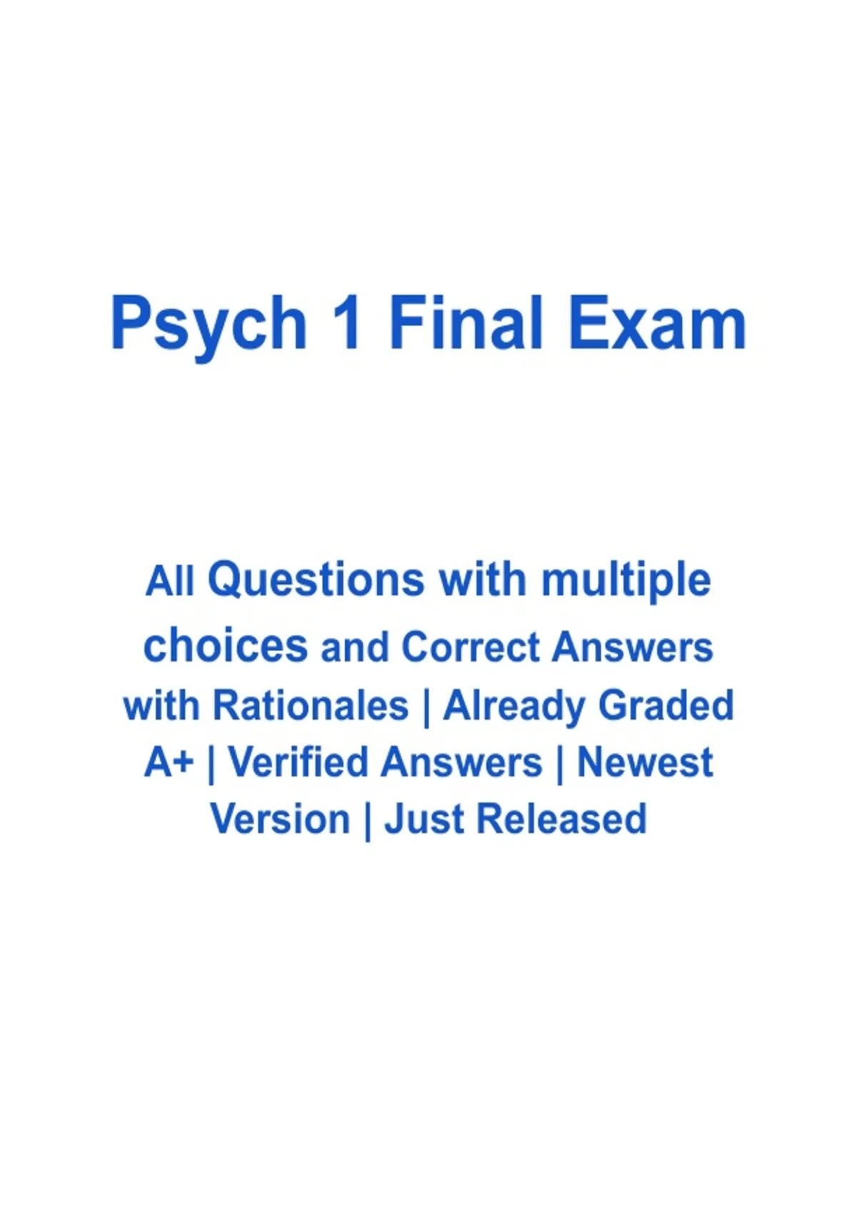 Psych 1 Final Exam | Multiple Choice Questions with Correct Answers and ...