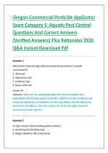 Oregon Commercial Pesticide Applicator &NewLine;Exam Category 5&colon; Aquatic Pest Control &NewLine;Questions And Correct Answers &NewLine;&lpar;Verified Answers&rpar; Plus Rationales 2026 &NewLine;Q&A Instant Download Pdf