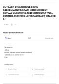 OUTBACK STEAKHOUSE MENU ABBREVIATIONS EXAM WITH CORRECT ACTUAL QUESTIONS AND CORRECTLY WELL DEFINED ANSWERS LATEST ALREADY GRADED A&plus;