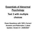 Essentials of Abnormal Psychology Test 3 &lpar;2026&ndash;2027&rpar; Questions and Verified Answers with Rationales &vert; Latest Psychology Study Guide &vert; Grade A&plus;