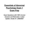 Essentials of Abnormal Psychology Exam 1 Exam Prep &lpar;2026&ndash;2027&rpar; Questions and Verified Answers with Rationales &vert; Latest Psychology Study Guide &vert; Grade A&plus;