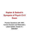 Kaplan & Sadock's Psychiatry Study Guide Overview &lpar;2026&ndash;2027&rpar; Questions and Verified Answers with Rationales &vert; Latest Psychiatry Exam Prep &vert; Grade A&plus;
