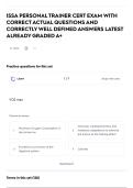 ISSA PERSONAL TRAINER CERT EXAM WITH CORRECT ACTUAL QUESTIONS AND CORRECTLY WELL DEFINED ANSWERS LATEST ALREADY GRADED A&plus;