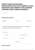 NORTH CAROLINA PARALEGAL CERTIFICATION EXAM WITH CORRECT ACTUAL QUESTIONS AND CORRECTLY WELL DEFINED ANSWERS LATEST ALREADY GRADED A&plus;