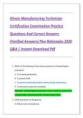 Illinois Manufacturing Technician Certification Examination Practice Questions and Correct Answers &lpar;Verified Answers&rpar; Plus Rationales 2026 Q&A &vert; Complete Exam Preparation PDF