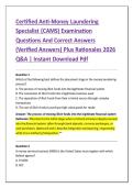 Certified Anti-Money Laundering &NewLine;Specialist &lpar;CAMS&rpar; Examination &NewLine;Questions And Correct Answers &NewLine;&lpar;Verified Answers&rpar; Plus Rationales 2026 &NewLine;Q&A &vert; Instant Download Pdf