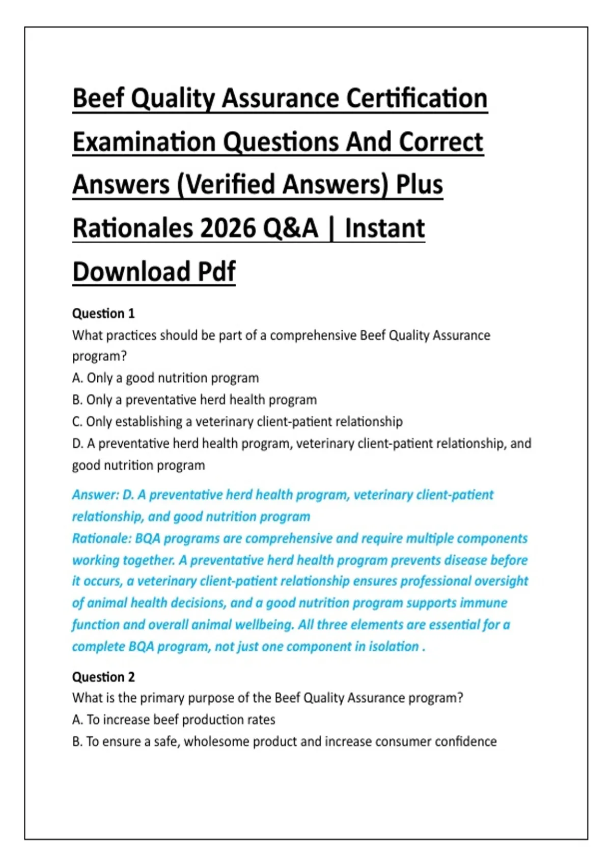 Bqa Card Beef Quality Assurance Certification Examination Questions And Correct ...