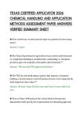 TEXAS CERTIFIED APPLICATOR 2026&NewLine;CHEMICAL HANDLING AND APPLICATION&NewLine;METHODS ASSESSMENT PAPER ANSWERS&NewLine;VERIFIED SUMMARY SHEET
