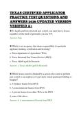 TEXAS CERTIFIED APPLICATOR&NewLine;PRACTICE TEST QUESTIONS AND&NewLine;ANSWERS 2026 UPDATED VERSION&NewLine;VERIFIED A&plus;