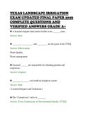 TEXAS LANDSCAPE IRRIGATION&NewLine;EXAM UPDATED FINAL PAPER 2026&NewLine;COMPLETE QUESTIONS AND&NewLine;VERIFIED ANSWERS GRADE A&plus;