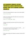 ACI CONCRETE STRENGTH TESTING&NewLine;TECHNICIAN SAMPLE WRITTEN EXAM&NewLine;REVIEW SHEET WITH VERIFIED ANSWERS&NewLine;GRADED A&plus;