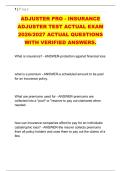 ADJUSTER PRO - INSURANCE &NewLine;ADJUSTER TEST ACTUAL EXAM &NewLine;2026&sol;2027 ACTUAL QUESTIONS &NewLine;WITH VERIFIED ANSWERS&period; 