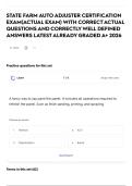 STATE FARM AUTO ADJUSTER CERTIFICATION EXAM&lpar;ACTUAL EXAM&rpar; WITH CORRECT ACTUAL QUESTIONS AND CORRECTLY WELL DEFINED ANSWERS LATEST ALREADY GRADED A&plus; 2026&NewLine;