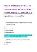 Missouri Real Estate Salesperson Exam &NewLine;Practice Questions And Correct Answers &NewLine;&lpar;Verified Answers&rpar; Plus Rationales 2026 &NewLine;Q&A &vert; Instant Download Pdf 