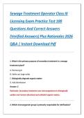 Sewage Treatment Operator Class III&NewLine;&NewLine;Licensing Exam Practice Test 100 Questions And Correct Answers &lpar;Verified Answers&rpar; Plus Rationales 2026 Q&A &vert; Instant Download Pdf