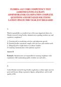 FLORIDA ALF CORE COMPETENCY TEST &NewLine;&lpar;ASSISTED LIVING FACILITY &NewLine;ADMINISTRATOR&rpar; EXAMINATION COMPLETE &NewLine;QUESTIONS AND DETAILED SOLUTIONS &NewLine;LATEST UPDATE THIS YEAR JUST RELEASED 