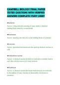 CAMPBELL BIOLOGY FINAL PAPER&NewLine;TESTED QUESTIONS WITH VERIFIED&NewLine;ANSWERS COMPLETE STUDY SHEET&NewLine;