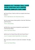 CRIMINOLOGY THEORIES FINAL PAPER&NewLine;TESTED QUESTIONS WITH VERIFIED&NewLine;ANSWERS COMPLETE STUDY SHEET