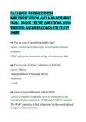 DATABASE SYSTEMS DESIGN&NewLine;IMPLEMENTATION AND MANAGEMENT&NewLine;FINAL PAPER TESTED QUESTIONS WITH&NewLine;VERIFIED ANSWERS COMPLETE STUDY&NewLine;SHEET