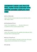 LEADERSHIP THEORY AND PRACTICE&NewLine;FINAL PAPER TESTED QUESTIONS WITH&NewLine;VERIFIED ANSWERS COMPLETE STUDY&NewLine;SHEET&NewLine;