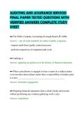 AUDITING AND ASSURANCE SERVICES&NewLine;FINAL PAPER TESTED QUESTIONS WITH&NewLine;VERIFIED ANSWERS COMPLETE STUDY&NewLine;SHEET