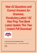 Hesi A2 Questions and&NewLine;Correct Answers for&NewLine;Grammar&comma;&NewLine;Vocabulary&comma;Latest &sol; A2&NewLine;Hesi Prep Test Bank&NewLine;Latest Update This Year&NewLine;&vert; Instant Pdf Download