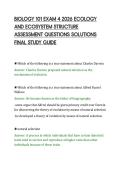 BIOLOGY 101 EXAM 4 2026 ECOLOGY&NewLine;AND ECOSYSTEM STRUCTURE&NewLine;ASSESSMENT QUESTIONS SOLUTIONS&NewLine;FINAL STUDY GUIDE&NewLine;