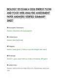 BIOLOGY 101 EXAM 4 2026 ENERGY FLOW&NewLine;AND FOOD WEB ANALYSIS ASSESSMENT&NewLine;PAPER ANSWERS VERIFIED SUMMARY&NewLine;SHEET&NewLine;
