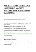 BIOLOGY 101 EXAM 5 2026 BIOLOGICAL&NewLine;LAB TECHNIQUES AND SAFETY&NewLine;ASSESSMENT PAPER ANSWERS VERIFIED&NewLine;SUMMARY SHEET&NewLine;