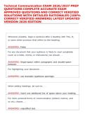 Technical Communication EXAM 2026&sol;2027 PREP &NewLine;QUESTIONS COMPLETE ACCURATE EXAM &NewLine;APPROVED QUESTIONS AND CORRECT VERIFIED &NewLine;SOLUTIONS WITH DETAILED RATIONALES &lpar;100&percnt; &NewLine;CORRECT VERIFIED ANSWERS&rpar; LATEST UPDATED &NewLine;VERSION 2026 EDITION 