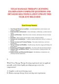 TEXAS MASSAGE THERAPY LICENSING &NewLine;EXAMINATION COMPLETE QUESTIONS AND &NewLine;DETAILED SOLUTIONS LATEST UPDATE THIS &NewLine;YEAR JUST RELEASED